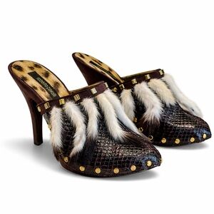 ROBERTO CAVALLI Y2K Deadstock Python Feather Mule Heels Made in Italy